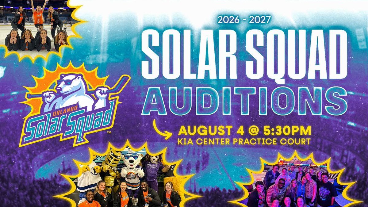 OrlandoHockey's tweet photo. 🚨 AUDITIONS TOMORROW! 🚨
Full Info ➡️ https://t.co/ymspIC5BMu

When: TOMORROW @ 5:30pm
Where: Kia Center Practice Court

*Solar Squad auditions are held in conjunction with Orlando Magic 321 Hype auditions* https://t.co/sK4S5IyydQ