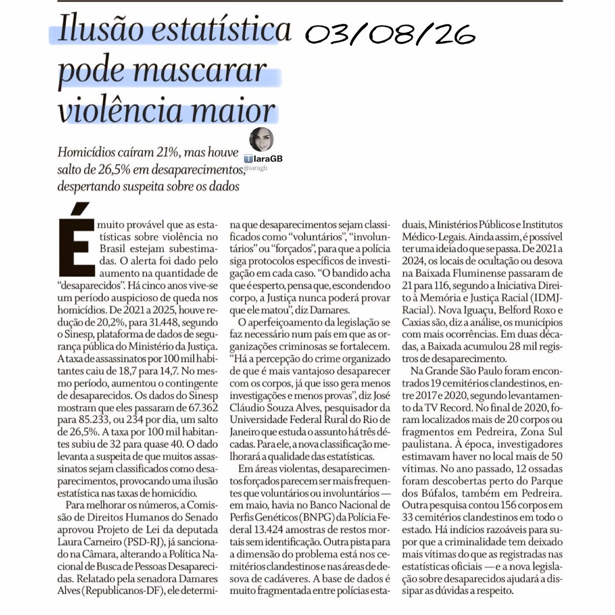 iaragb's tweet photo. Êita que o editorial da emissora acusa que estão maquiando dados‼️

⚠️A violência não caiu. Só foi MAQUIADA‼️
Homicídios -21%.
Desaparecimentos +26,5%.
De 67 mil para 85 mil casos.
234 desaparecidos por dia.

Muitos assassinatos estão sendo registrados como “DESAPARECIMENTO”.
Corpo escondido = crime sem prova = número de homicídio maquiado.
Cemitérios clandestinos e áreas de desova só aumentam.
A criminalidade aprendeu a sumir com o corpo que é mais eficiente.
Enquanto isso, comemoram a “queda da violência”, doce ilusão na estatística‼️