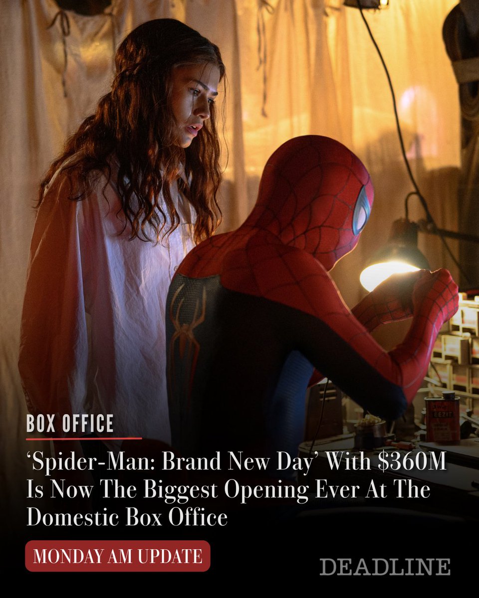 DEADLINE's tweet photo. It happened: Sony/Marvel Studio’s 'Spider-Man: Brand New Day' is now the biggest opening ever at the North American box office with a 3-day of $360M, taking down Disney/Marvel Studio’s previous domestic debut record with 2019’s 'Avengers: Endgame' which opened to $357.1M

Read the full box office analysis here: https://t.co/aqUef3WPdB