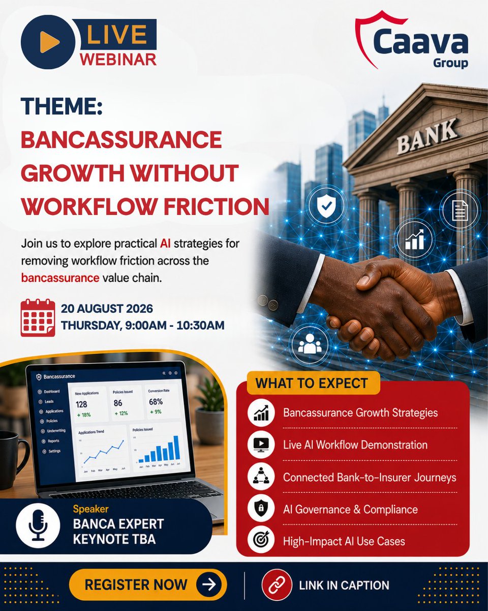 CaavaGroup's tweet photo. Are you a 
✓ Bancassurance Executive 
✓ Operations Leader 
✓ Technology Leader 
✓ Risk &amp; Compliance 
✓ Product &amp; Distribution Leader 
Join our live webinar on removing workflow friction with AI 📅 20 Aug | 📷https://t.co/JUgeCZ0A7h #Bancassurance #Insurtech https://t.co/eSv6ufrFgi