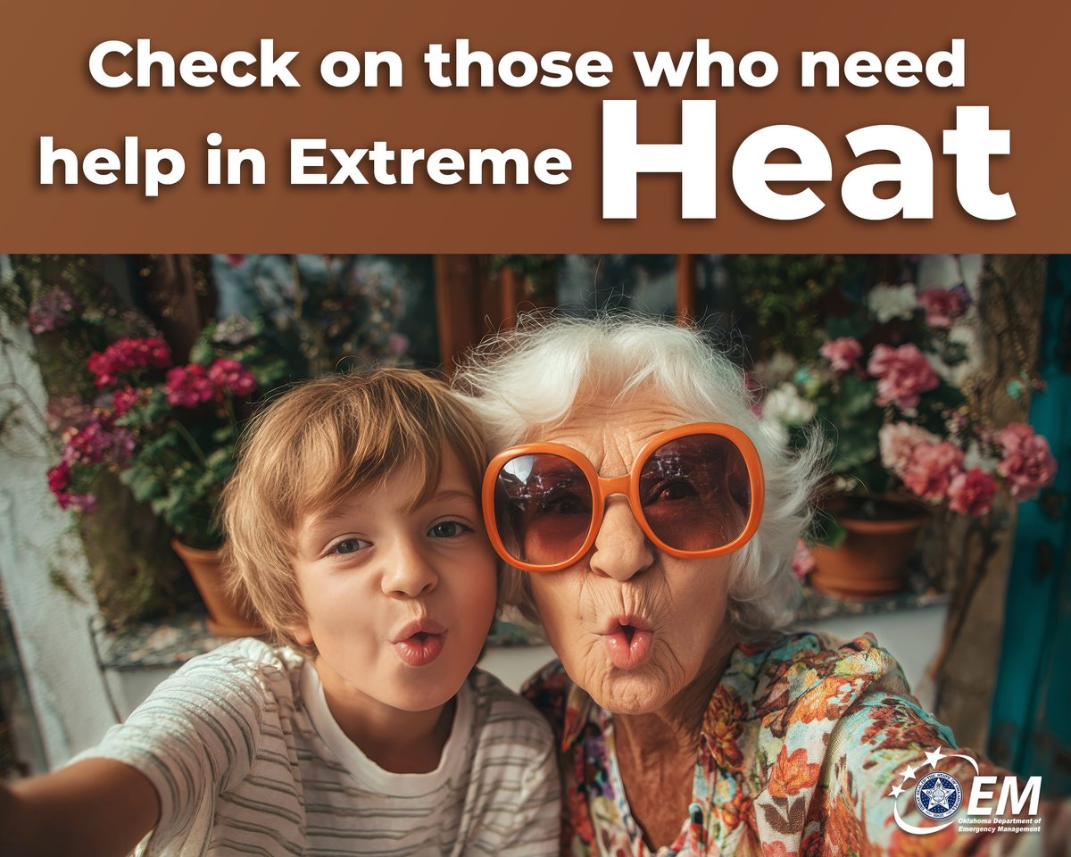 okem's tweet photo. Extreme heat can be especially dangerous for older adults, young children, people with chronic health conditions, or anyone without access to air conditioning. Take a few minutes to check on family, friends, or neighbors during periods of extreme heat. 
#ReadyOK #HeatSafety #OKWX https://t.co/ONd1rghAqC