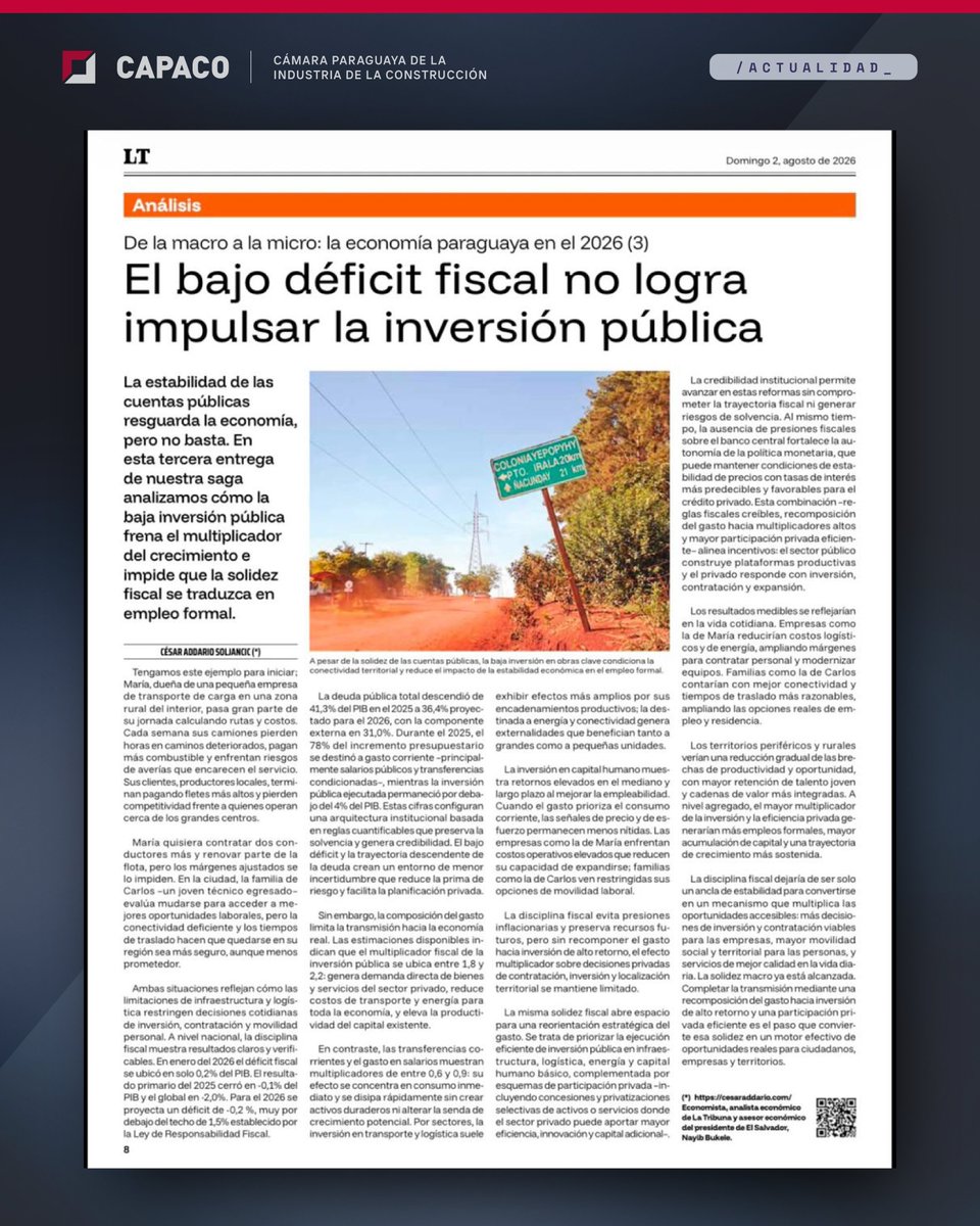 capaco_oficial's tweet photo. La construcción tiene uno de los mayores efectos multiplicadores sobre la economía: impulsa el empleo, dinamiza la cadena de proveedores y mejora la calidad de vida de las personas.

Compartimos este análisis que aborda el papel de la inversión pública en el crecimiento económico y el desarrollo del Paraguay.

Desde CAPACO reafirmamos la importancia de sostener una política de inversión en infraestructura con visión de largo plazo, previsibilidad y cumplimiento de los compromisos asumidos, como base para un desarrollo más competitivo y sostenible.