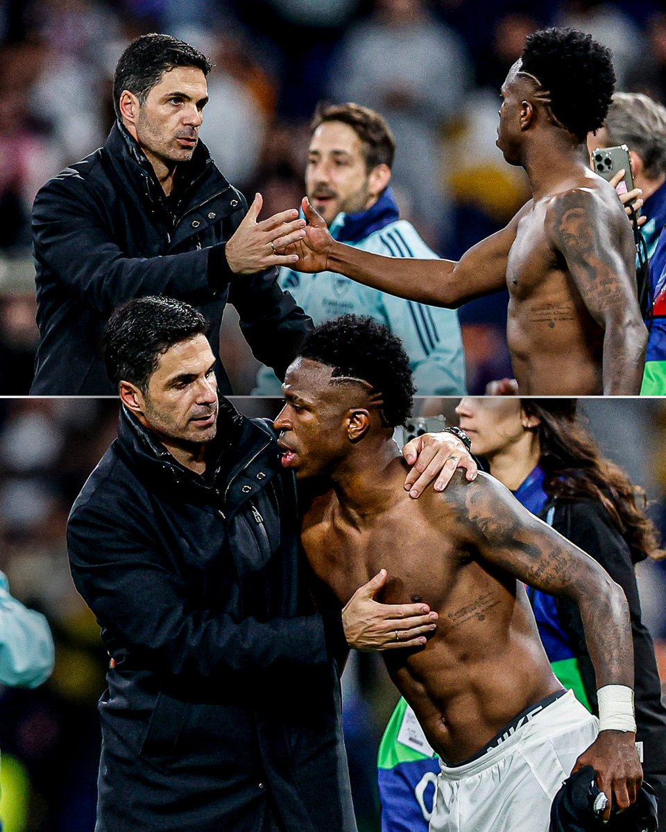 ESPNFC's tweet photo. The last time Real Madrid faced Arsenal, Vini Jr. made sure to speak to Mikel Arteta after the final whistle 👀

Vini was the only Real Madrid player to score in either leg of the Champions League tie 😅 https://t.co/qfnwxaPiw1