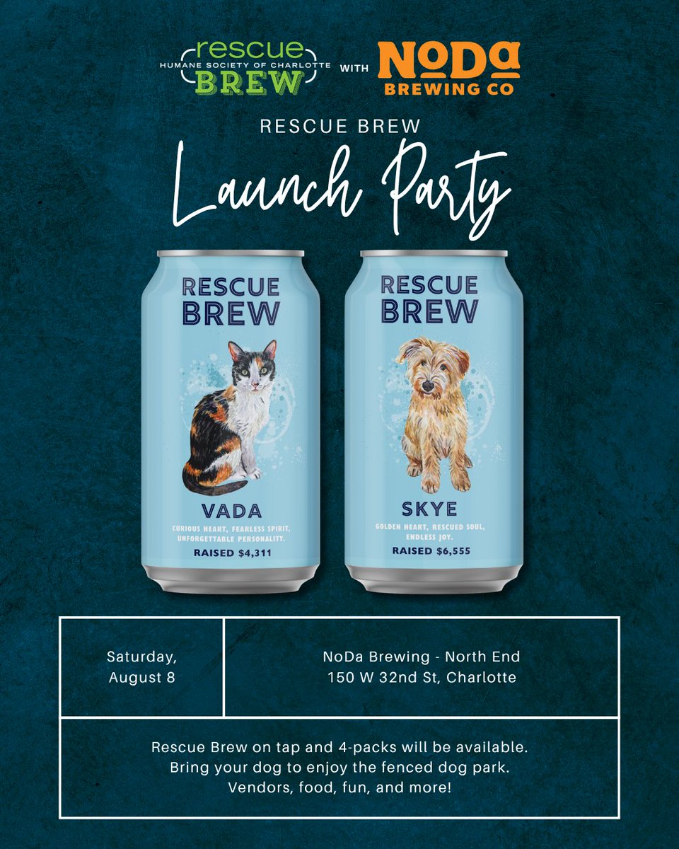 humanecharlotte's tweet photo. All are invited to join us at the Rescue Brew Launch Paw-ty at NoDa Brewing on Saturday, August 8th! Rescue Brew will be on tap and 4-packs and Rescue Brew 2027 calendars will be available for purchase. https://t.co/BZ00HswbuS