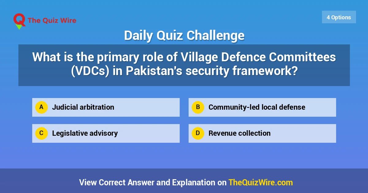 thequizwire's tweet photo. What is the primary role of Village Defence Committees (VDCs) in Pakistan's security framework?

#TheQuizWire #CounterInsurgency #InternalSecurity #Publ...
https://t.co/Ax6IX6gAnL https://t.co/rGbA06BKld