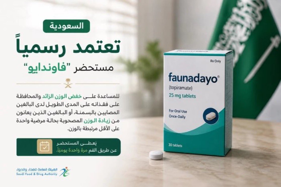 enad_03's tweet photo. 🚨 خبر يغيّر قواعد اللعبة في علاج السمنة!
رسميًا… الهيئة العامة للغذاء والدواء تعتمد تسجيل مستحضر «فاوندايو» (Foundayo)
المادة الفعالة: أورفورغليبرون (orforglipron)
أول مرة يُعتمد هذا العلاج الفموي في المملكة للمساعدة على خفض الوزن الزائد والحفاظ على فقدانه على المدى الطويل https://t.co/0LtBYMDZ8v