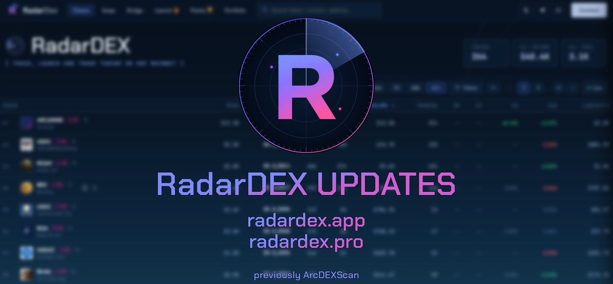ArcDEXScan's tweet photo. What's new on RadarDEX 🛰️ 

https://t.co/PA0z3P8Bg7
https://t.co/bJ9N59Jbye

✅ Swaps now show routing across Uniswap v3/v4, Dyorswap v2/v3, WarpDex. Best route is auto-selected, but you can also pick another one. Live on swap panel and every token page.
✅ MCAP now uses circulating supply: burned tokens are subtracted, so caps are real.
✅ Dead/dust pools filtered out of token badges.
✅ Launchpad V2 is here with CTO. A verified CTO can now take over token's fee stream and creator fee shares can be raised over time.

❕Note: CTO works for tokens launched from today onward. Tokens created before this aren't covered yet, but we're actively working on best solution for them. 

More soon. Building on Arc!