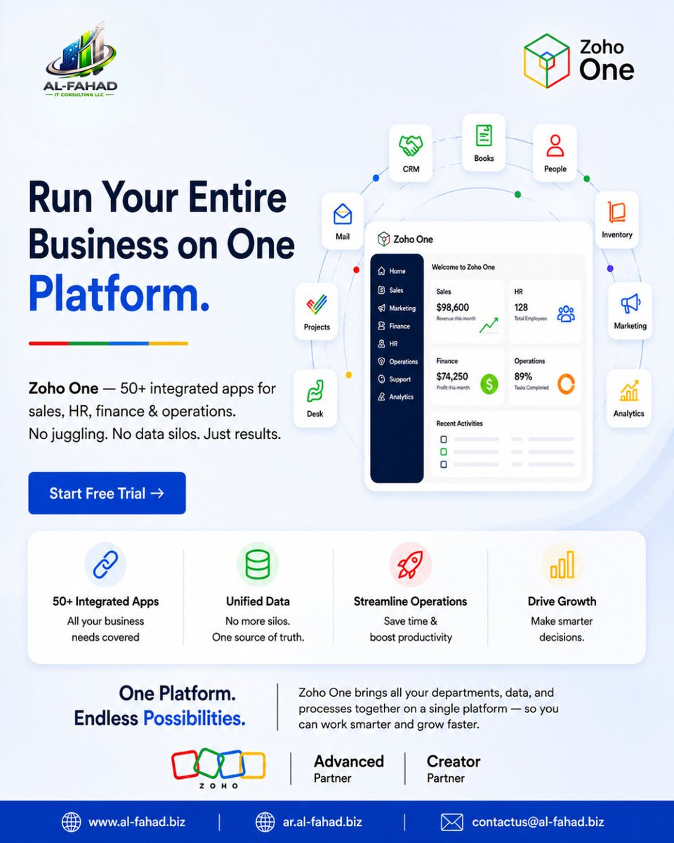 AFITconsulting's tweet photo. @ZohoOne — 50+ integrated apps for sales, HR, finance & operations.
No juggling. No data silos. Just results.
For businesses in UAE • Saudi Arabia • Bahrain
https://t.co/RCyVgL11QZ
#ZohoOne #BusinessSoftware #GCCBusiness #ZohoPartner #Productivity https://t.co/dQIwJWgwS1