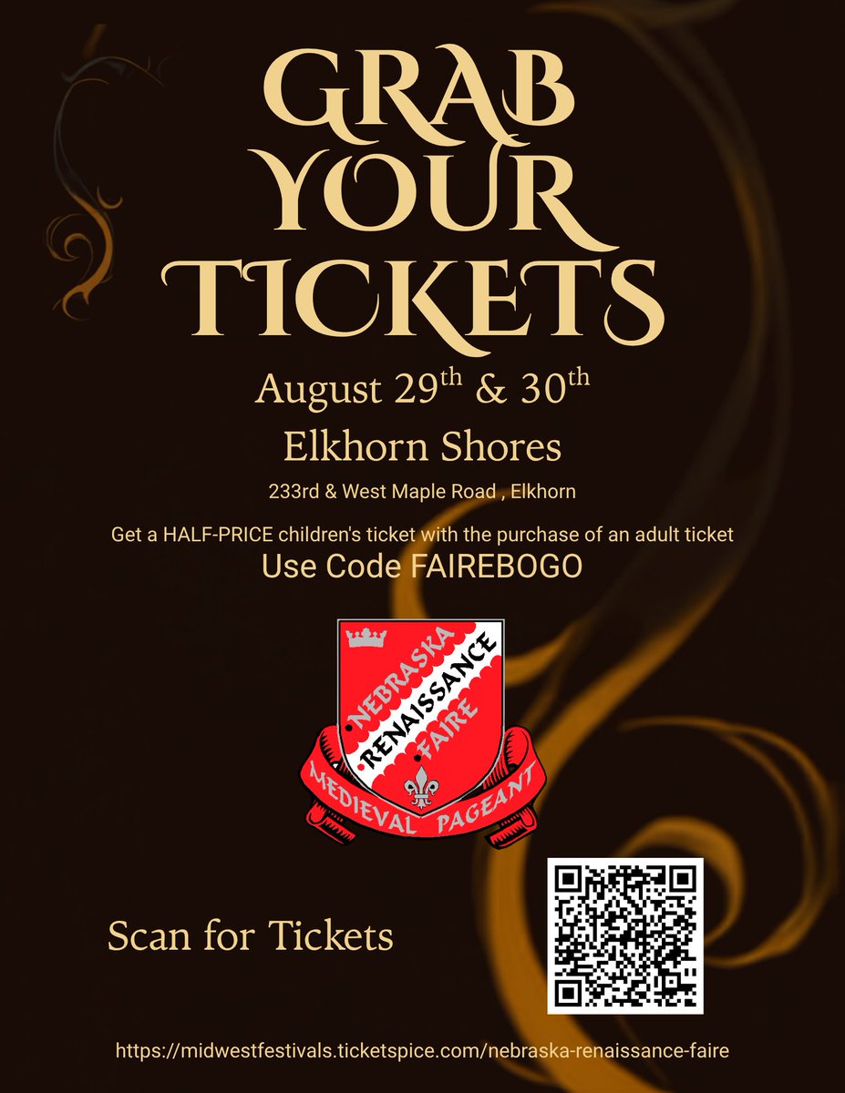 MidwestFests1's tweet photo. 🚨 Family Deal Alert! Step back in time at the Nebraska Renaissance Faire (Aug 29-30). ⚔️ 

Get a HALF-PRICE child's ticket with an adult ticket purchase! 
⏳ Ends Aug 28th.
🗝️ Code: FAIREBOGO

Secure your tickets here: https://t.co/G42nM52CkX #OmahaEvents https://t.co/gXkB2q7lfq