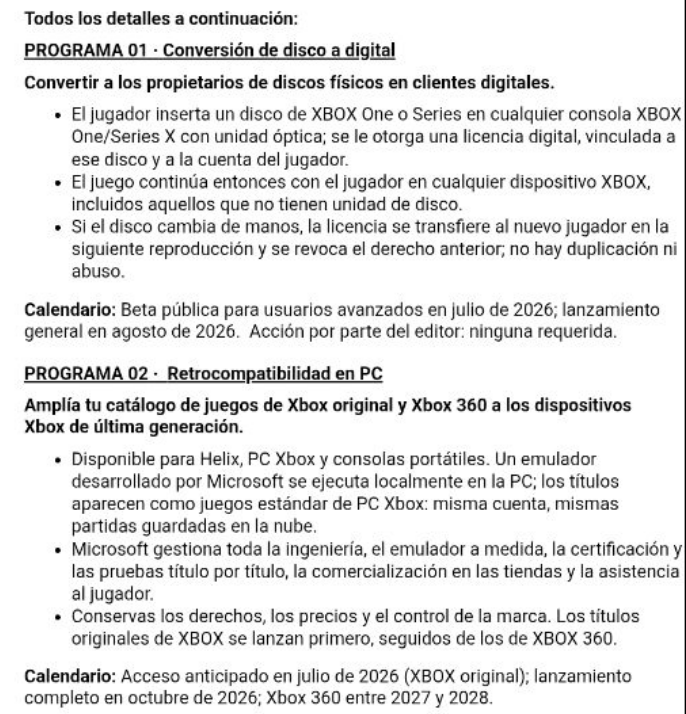 SrGarrus's tweet photo. Me han pasado el email interno en español que XBOX ha mandado a sus partners que confirma el sistema para convertir juegos fisicos a digital. 

Por otro lado, hay planes para llevar los juegos de la Xbox original y Xbox 360 a PC mediante un emulador ejecutado de forma local https://t.co/uTB3qGYycB