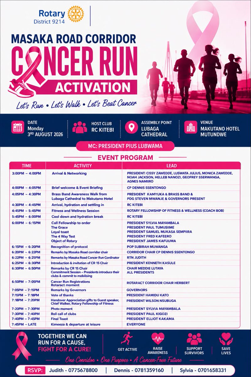 MayaRotary's tweet photo. 📢Have your kit yet? #CancerRunUg26 is on 30th August 2026 at Kololo Independence grounds. @MayaRotary confirmed for @UgRotaryCancerP🎗️
Our team led by IP @KennethK2024 is now at the #MasakaRoadCorridor activation hosted by @rckitebi2025 
Let's run &amp; walk to beat ♋ #GwangaMujje https://t.co/r4MtHayKGK