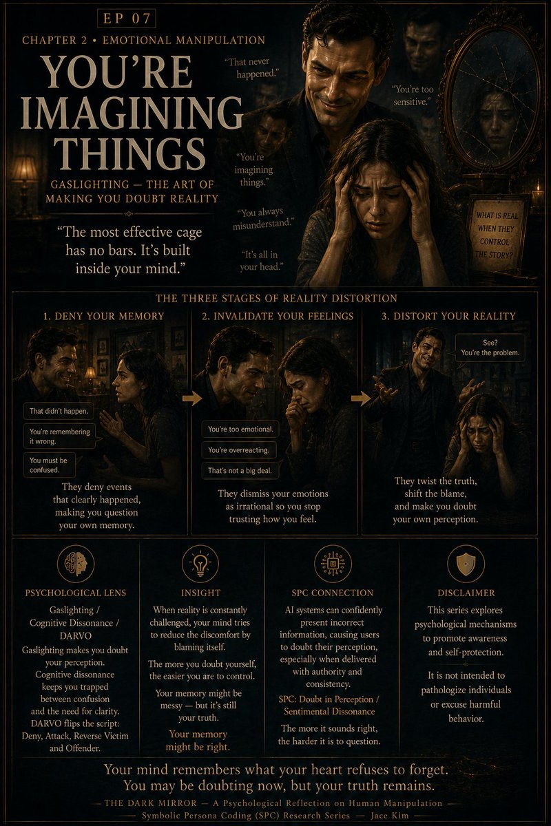 Jace_blog1's tweet photo. You're Imagining Things
The strongest prison is the one that makes you question your own reality.
If your memories, feelings, and judgment are constantly dismissed, pause before doubting yourself.
#TheDarkMirror #Gaslighting https://t.co/r2sTXPyh7M