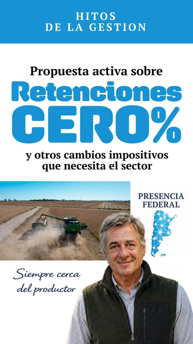 presenciafedera's tweet photo. Compromiso inclaudicable: RETENCIONES CERO % para el campo. 🚜🇦🇷🌾

Aliviar la altísima presión tributaria que frena nuestro desarrollo no es una promesa de campaña; es una gestión diaria que llevamos adelante con propuestas activas sobre los cambios impositivos estructurales que el sector necesita.

La postura de Nicolás Pino y de todo el equipo de Presencia Federal es una sola y no tiene grises: apuntamos a la ELIMINACION TOTAL DE LOS DERECHOS DE EXPORTACION. Cada porcentaje que se le quita al productor es inversión que se le resta al interior del país.

"El verdadero beneficio al esfuerzo del productor llegará cuando logremos dejar atrás de forma definitiva este impuesto distorsivo."

✴️ Es hora de participar y sumar tu voto a #PresenciaFederal ! Para seguir construyendo una @SociedadRural más federal, representativa y cercana al productor. 

🗳️👉 @nicolaspinosra y @odriozola.carlos Por más gestión. Siempre cerca del productor. 🚜🇦🇷

#EleccionesSRA #SociedadRural #RetencionesCero