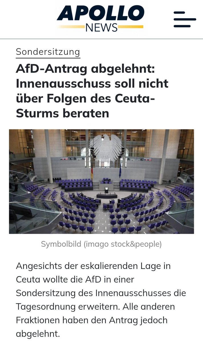LilitThyra's tweet photo. Der Antrag der AfD, sich im Innenausschuss über die Folgen des Ceuta-Sturms zu beraten, wurde von allen anderen Parteien abgelehnt!

Wie schon 2015 wird so getan, als gibt es das Problem nicht und dann heißt es wieder, nun sind sie aber da! 😡

Wir werden von den Altparteien komplett verraten!