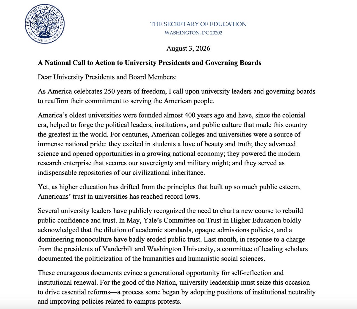 JohnDSailer's tweet photo. NEW: Ed Secretary Linda McMahon just released a "call to action" to university presidents and boards, pushing a list of reforms. In some ways, this is similar to earlier statements. But notably, several university presidents reportedly helped draft it.

Read along w/ me 🧵 https://t.co/1AmDC0iDpt