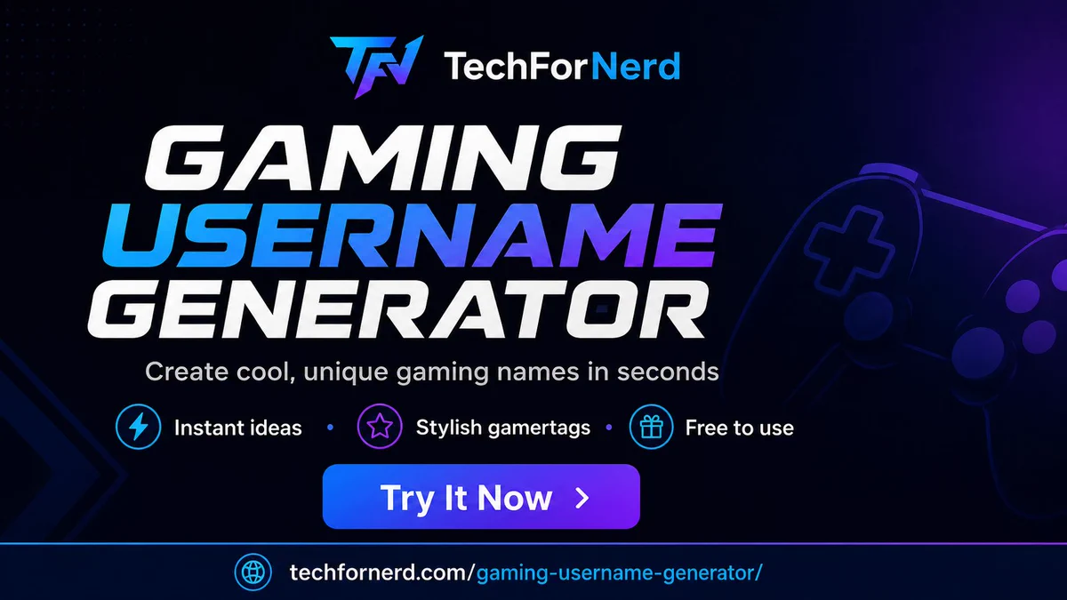 Promotional graphic for TechForNerd’s Gaming Username Generator. It features a dark blue and purple design with the headline “Gaming Username Generator,” the text “Create cool, unique gaming names in seconds,” and the features “Instant ideas,” “Stylish gamertags,” and “Free to use.” A “Try It Now” button and the website address techfornerd.com/gaming-username-generator/ appear at the bottom.