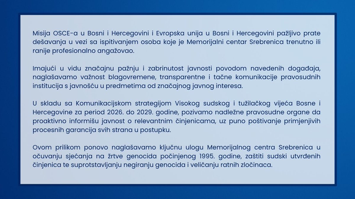 eubih's tweet photo. .@eubih i @OSCEBiH o dešavanjima u vezi sa ispitivanjem osoba koje je Memorijalni centar Srebrenica trenutno ili ranije profesionalno angažovao🔽 https://t.co/HLaHNod9Gz