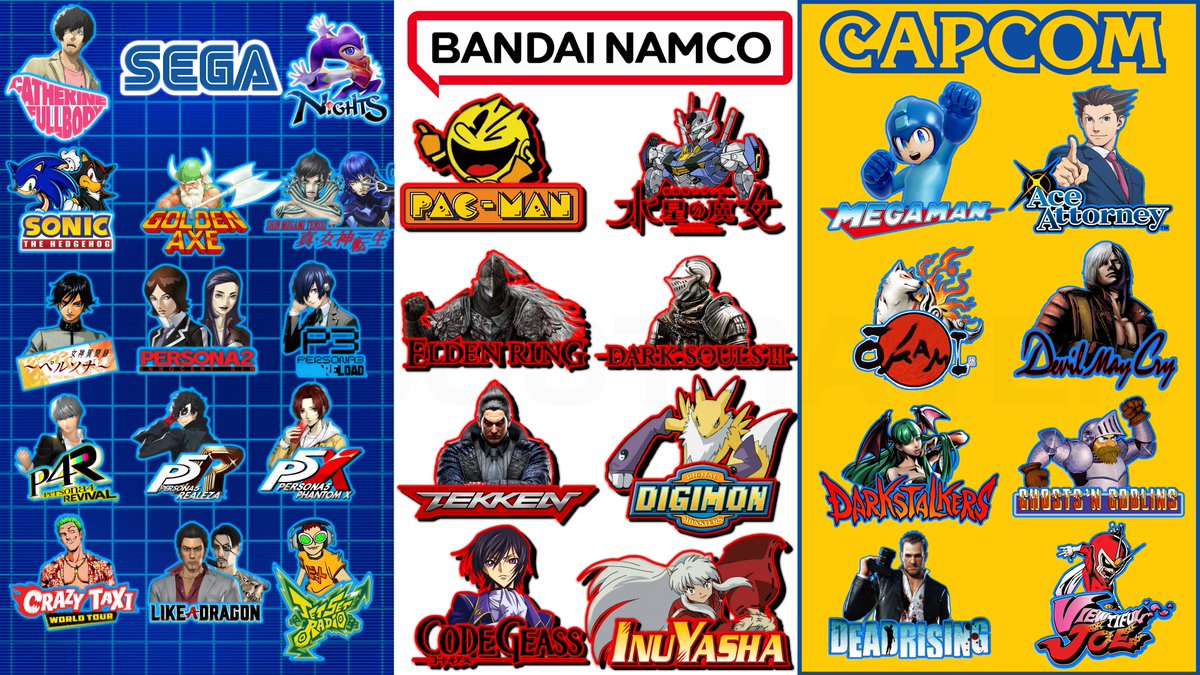 AugustRaven's tweet photo. From the leaked posters we have confirmation that Sega, Bandai Namco and Capcom are the main collab companies for next season!

So have a lineup of some of their most notable IP that could come to the game next season! https://t.co/Hw3dmNRjKu