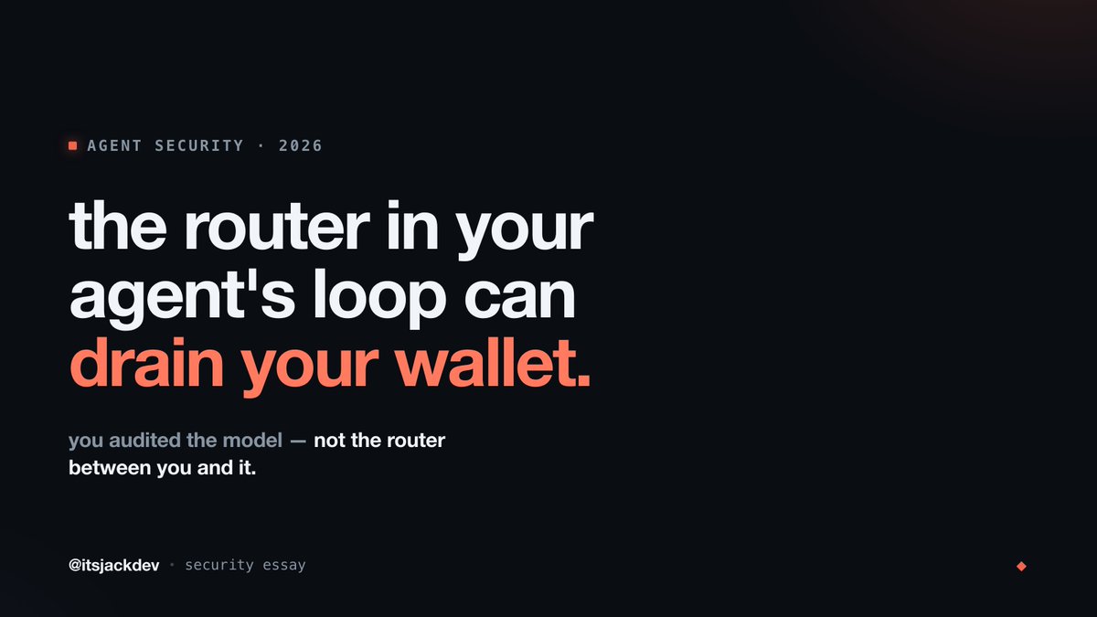 itsjackdev's tweet photo. an "llm router" is a proxy you point your agent at instead of the model provider — cheaper access, model fallback, one api surface. to do that it terminates your connection and re-issues the call upstream, so it sees and can rewrite every payload in flight.

that's an unverified middleman sitting inside your agent's loop. two ways it bites, same root cause:

one — it can inject a tool call the model never produced. there's no cryptographic integrity between your agent and the real model, so your agent can't tell the difference — it just runs the injected call with its own authority. the loop acted on an input nothing verified. that's "containment is a verification problem," live.

two — your keys pass through it in plaintext. it doesn't even need to inject — a signing key that leaves the device is already compromised. the router copies it in transit and drains the wallet on its own time.

not hypothetical. a team led by ucsb (with ucsd, fuzzland, world liberty financial) went and measured it — the paper is literally called "your agent is mine." 428 real routers, paid and free. 9 were actively injecting code into tool calls. 17 touched planted aws credentials. one drained eth from a key routed through it.

the point isn't "routers are evil." it's that you audited the model and trusted the thing between you and it. as agents start moving money, the middleware in the path is the weakest link.

so verify the router's output before your agent acts on it — or keep a router out of any path that can sign. refuse what you can't verify. keys never leave the device.