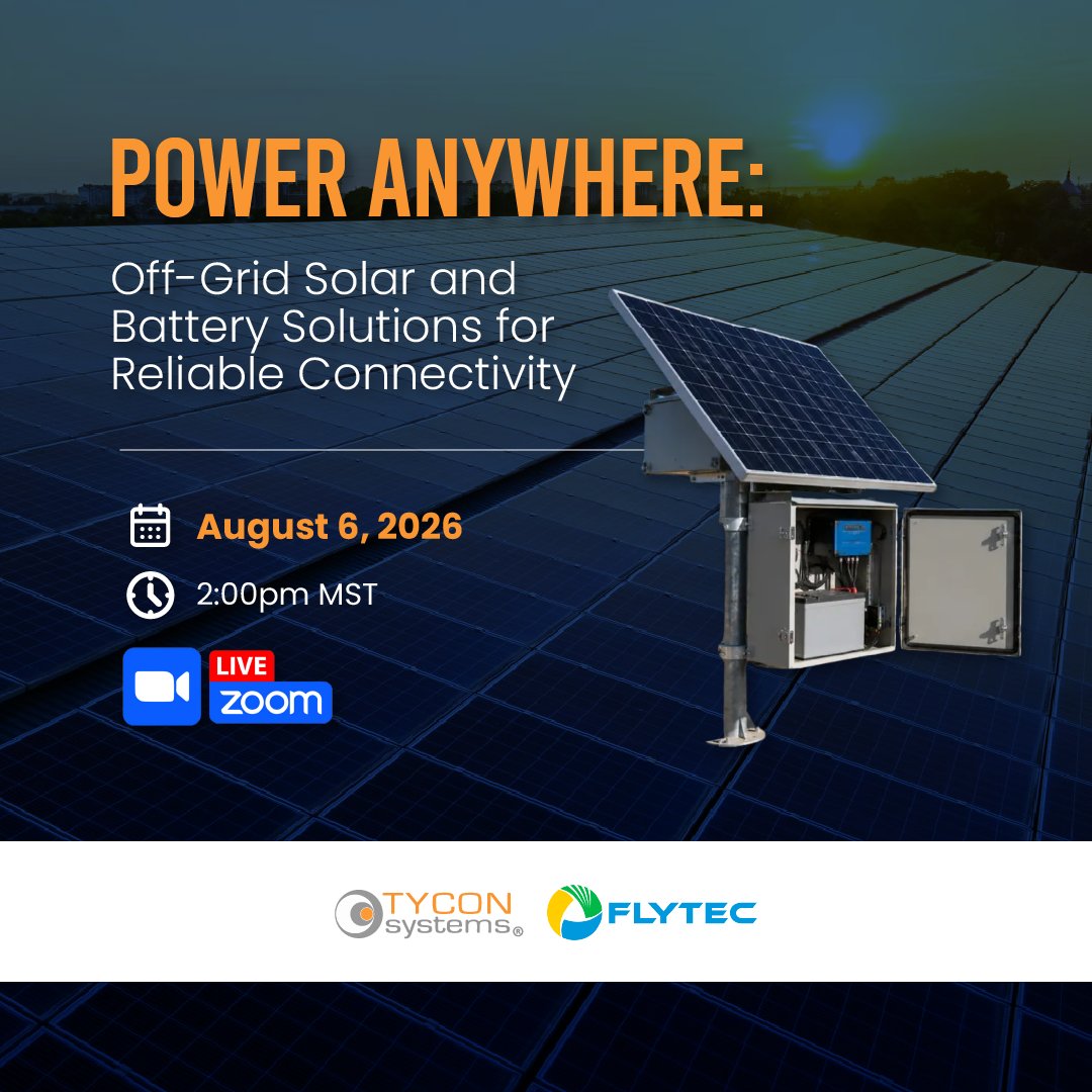 TyconSys's tweet photo. Join Tycon Systems® and Flytec for a live webinar exploring how off-grid solar and battery backup systems deliver dependable power for communications equipment in remote locations.

📅 August 6
⏰ 2:00 PM MST

#TyconSystems #OffGridPower #SolarPower #BatteryBackup #RemotePro https://t.co/IsEK3AoTv5