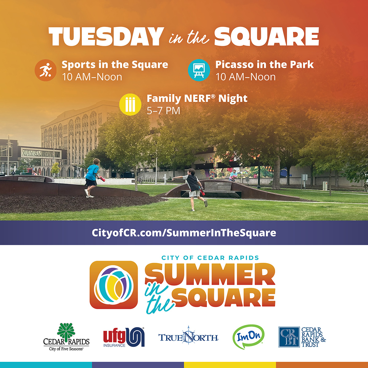 CityofCRiowa's tweet photo. โ๏ธ Tuesday is packed with fun in Greene Square!
๐ Sports in the Square | 10a-Noon
๐จ Picasso in the Park | 10a-Noon
๐ฏ Family NERFยฎ Night | 5-7p
Join us! https://t.co/duXN8Sfm29
#SummerInTheSquare #PlayCR #FamilyFun https://t.co/GB8E6jWwCi