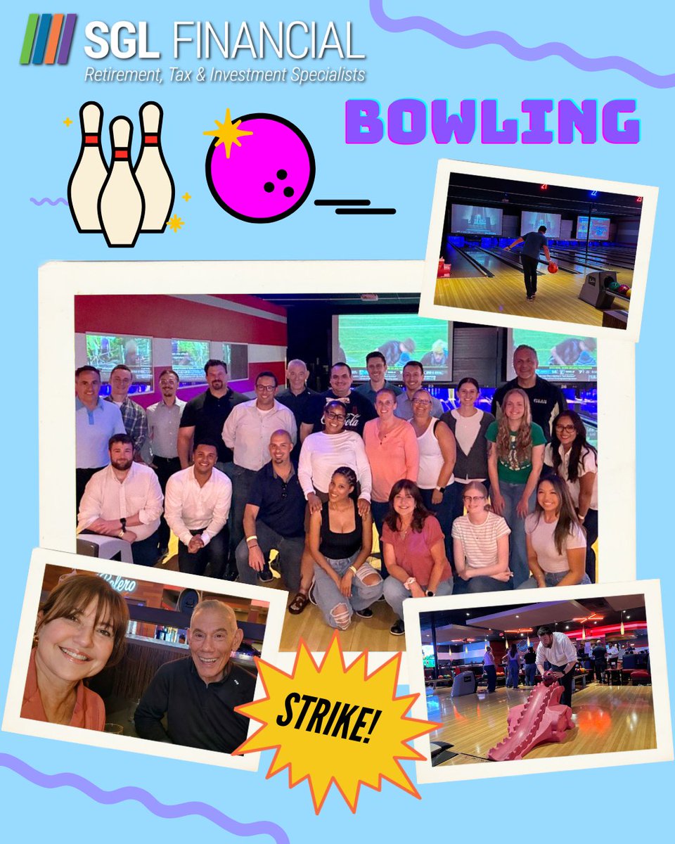 SGLfinancial's tweet photo. We may not all be bowling pros, but we definitely know how to spare some team building time after helping out our clients. 🎳

#sglfinancial #bowling #finance #wealthmanagement #retirement #teamwork #workouting https://t.co/JhcLXVXXlu