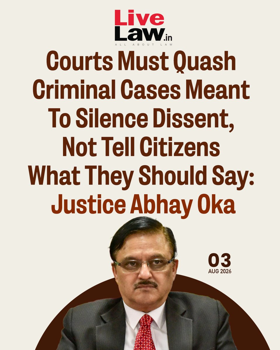 LiveLawIndia's tweet photo. Former Supreme Court judge Justice Abhay Oka on Saturday said that constitutional courts must quash criminal cases instituted to silence dissent and protect citizens' fundamental right to free speech, irrespective of whether judges agree with the views expressed.
Read more: https://t.co/op2IJBNnLC
#JusticeAbhayOka