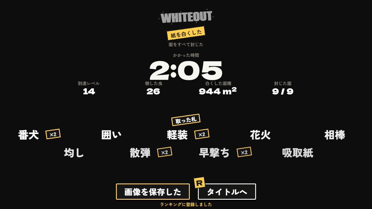 Omezi42's tweet photo. 紙を白くした 2:05
到達レベル 14・倒した虫 26・白くした面積 944 m²
#WHITEOUT https://t.co/T0VxifRqBr