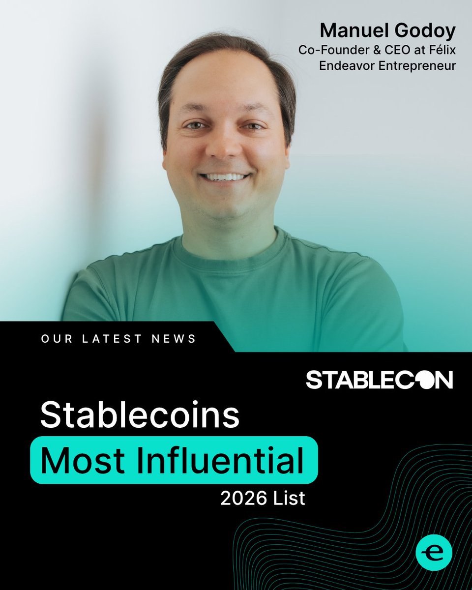 EndeavorMIA's tweet photo. 🚀 An Endeavor Entrepreneur just made Stablecon's Most Influential 2026.

Manuel Godoy, Co-founder and CEO of Félix, was recognized among the leaders driving the growth of the global stablecoin ecosystem.

👏 Congratulations to Manuel and the entire Félix team! https://t.co/EKjzcsjbEZ