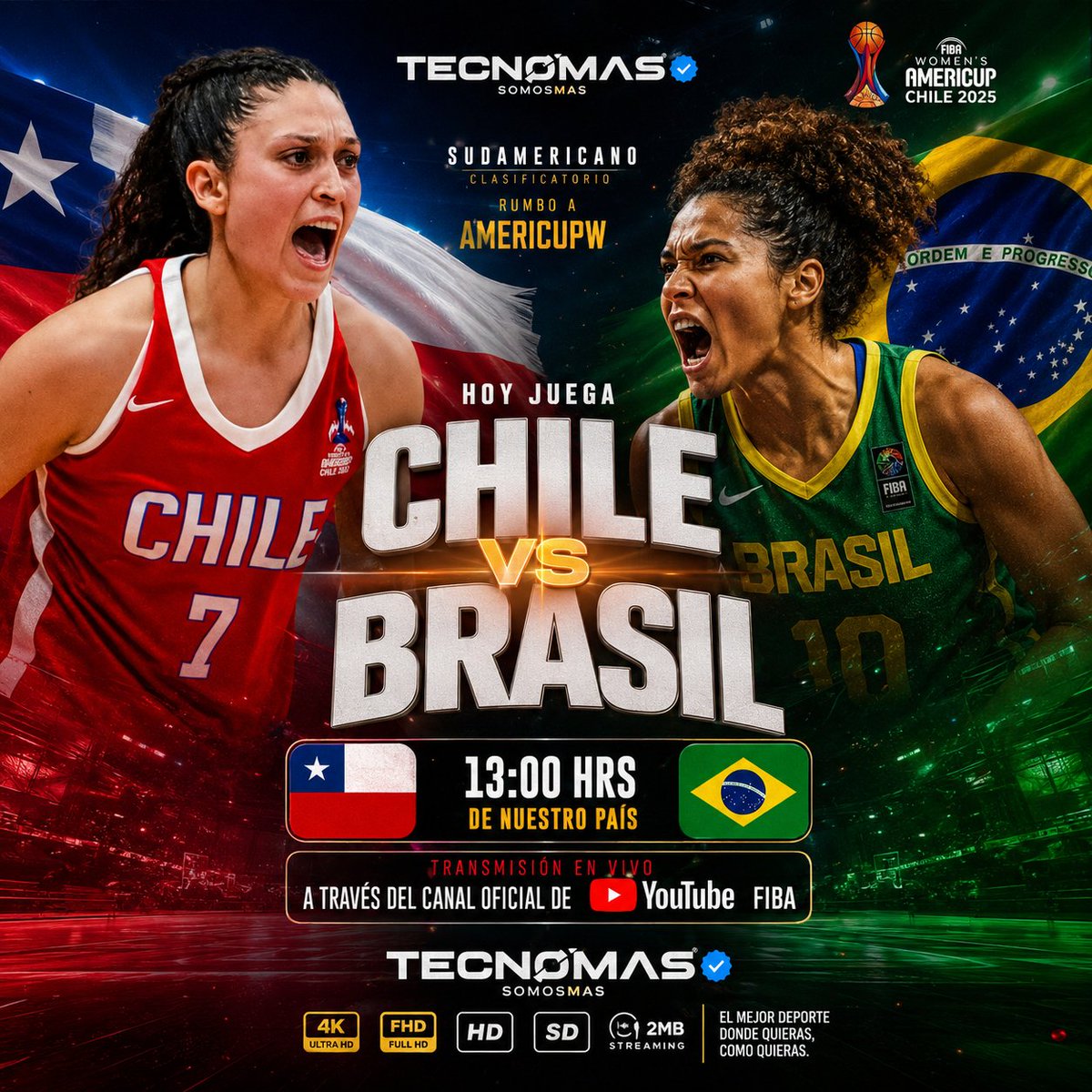 _TecnoMAS's tweet photo. 🇨🇱🏀 ¡HOY JUEGA CHILE! 🔥

La Roja Femenina inicia su camino en el Sudamericano Clasificatorio rumbo a la FIBA Women's AmeriCup enfrentando a Brasil en un partidazo imperdible.

🇨🇱 Chile 🆚 Brasil 🇧🇷
🕐 13:00 hrs (Chile)
📺 En vivo por el canal oficial de YouTube de FIBA

Vive toda la emoción del básquet junto a TECNOMAS. 💙🏀

#Chile #LaRoja #Basquetbol #ChileVsBrasil #FIBA #AmeriCupW #Sudamericano #Basketball #VamosChile #TECNOMAS #SomosMAS
