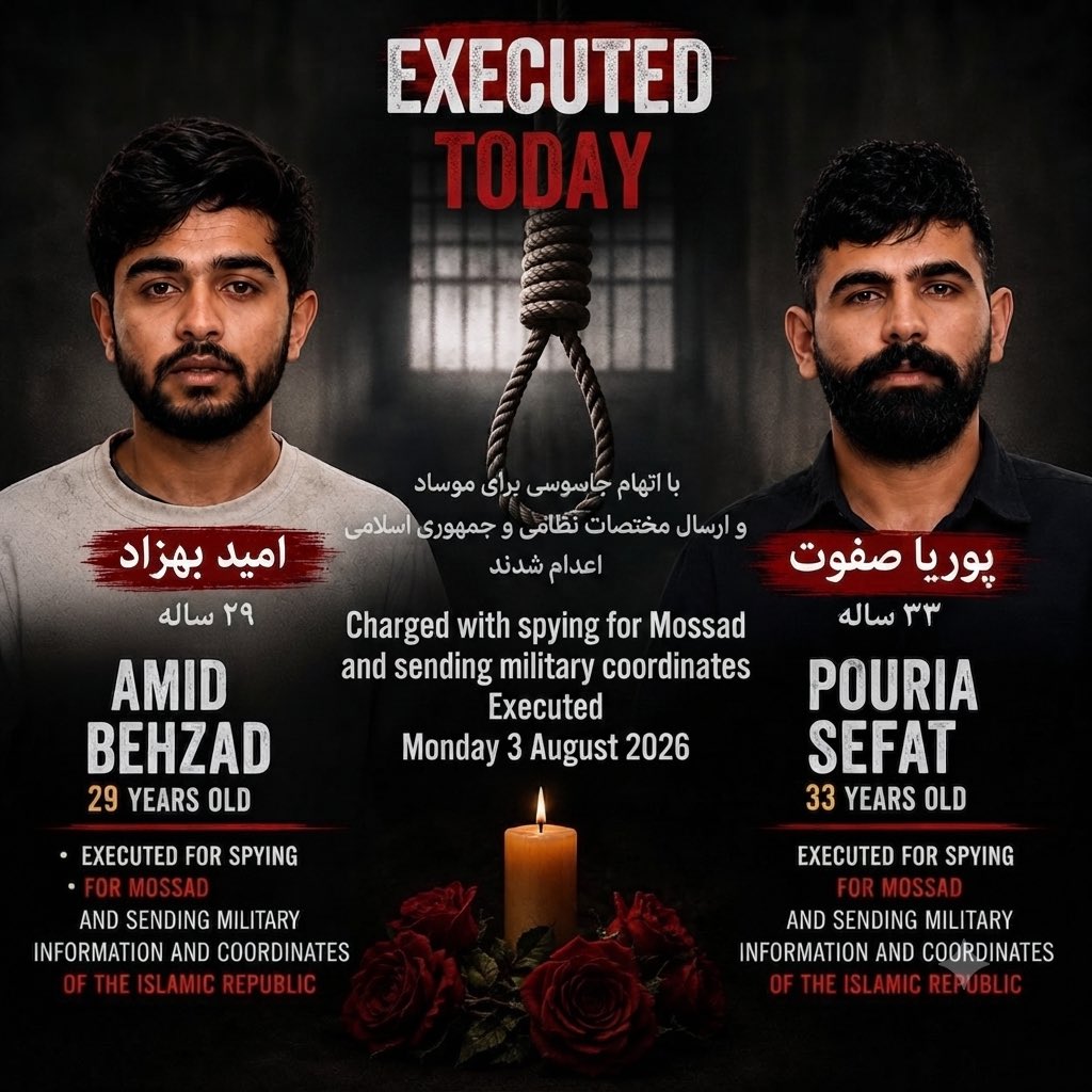 Nikiparsii's tweet photo. Today, the Islamic Republic regime murdered two beloved sons of Iran 💔: #Pouria_Safowat (33) and #Omid_Behzad (29). Before executing them, the regime brutally tortured them and forced them to make false televised confessions. Shame on the Islamic Republic regime!
#IranMassacre https://t.co/tGlq4YhHZv