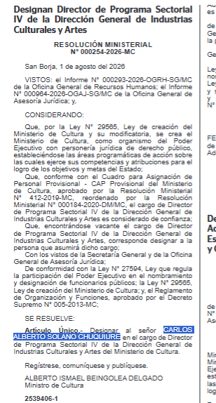 cviguria's tweet photo. En el Ministerio de Cultura también fue designado Carlos Solano como director del programa sectorial IV de la Dirección general de industrias culturales y artes del Ministerio de Cultura, a cargo de Beingolea. 
Solano registra haber sido militante de Avanza país hasta hace dos semanas.