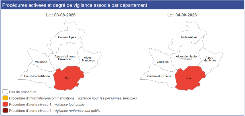 Prefet83's tweet photo. #AlertePollution | 🔴 L'incendie du #GrosBessillon est responsable de la dégradation de la qualité de l'air dans le #Var depuis le 31 juillet.
➡️ Au regard des conditions météorologiques et du risque d'évolution défavorable de l'incendie, la procédure d’alerte de niveau 1 pour #pollution de l’air aux particules fines est maintenue mardi 4 août.
⚠️ Vigilance pour les personnes sensibles.
📌 Les recommandations sanitaires et comportementales 👉 https://t.co/mlWhEgEHZm