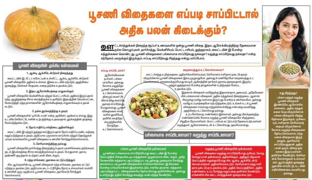 Makkalsevai2's tweet photo. 🎃 பூசணி விதைகளை எப்படி சாப்பிட்டால் அதிக பலன் கிடைக்கும்?

நல்ல கொழுப்புகள், மெக்னீசியம், துத்தநாகம் (Zinc) நிறைந்த பூசணி விதைகள்:

❤️ இதய ஆரோக்கியத்திற்கு உதவும்
😴 நல்ல தூக்கத்தைத் தரும்
🛡️ நோய் எதிர்ப்பு சக்தியை அதிகரிக்கும்
🩸 ரத்த சர்க்கரை அளவைக் க��்டுப்படுத்தும்

💡 தினமும் 28 கிராம் அளவுக்குச் சாப்பிடுவது சிறந்தது!

#PumpkinSeeds #HealthyLifestyle #HealthTips #Nutrition #TamilHealth
