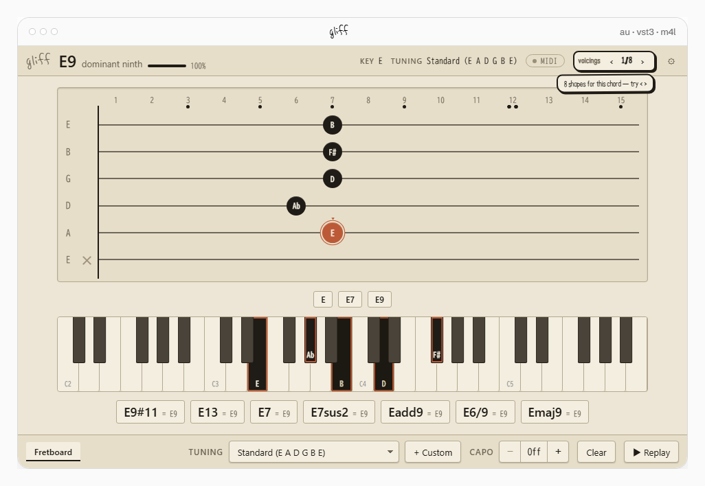 plugincollector's tweet photo. ギターコード用MIDI変換プラグイン『gliff』が無料配布中です！
MIDIキーボードで弾いたコードやMIDIトラックに打ち込んだコードを、リアルタイムで自然なギターボイシング（指板配置）に変換してくれるプラグイン。
打ち込みだけでなく、ギターコードの学習にも役立ちます。

https://t.co/HKYfDLC75x https://t.co/jkgnD1dXMu