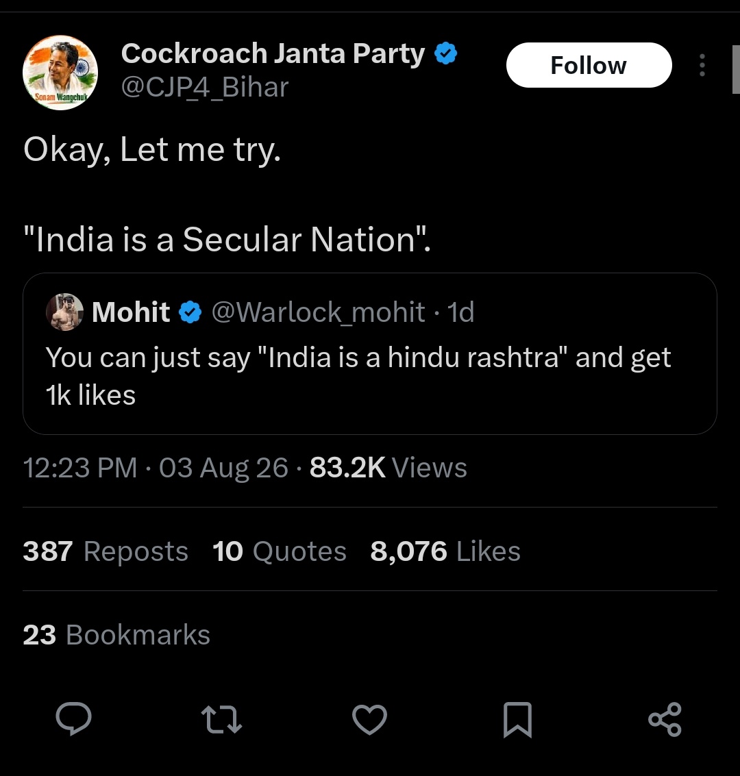 PRITHWISHR19845's tweet photo. @Warlock_mohit 83k views but likes 8000+ and you 🤣 https://t.co/jbGvB6X6yn