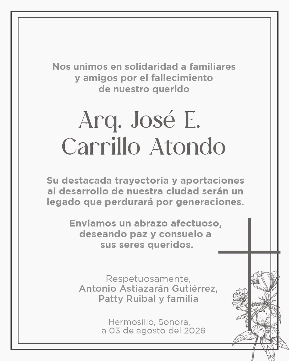 tonoastiazaran's tweet photo. Lamentamos profundamente el fallecimiento de nuestro querido Arq. José E. Carrillo, director del IMPLAN.

Su entrega al servicio público y aportaciones al desarrollo de la comunidad dejan un gran legado para Hermosillo.

Nuestro más sentido pésame para su familia y seres queridos.

Descanse en paz.