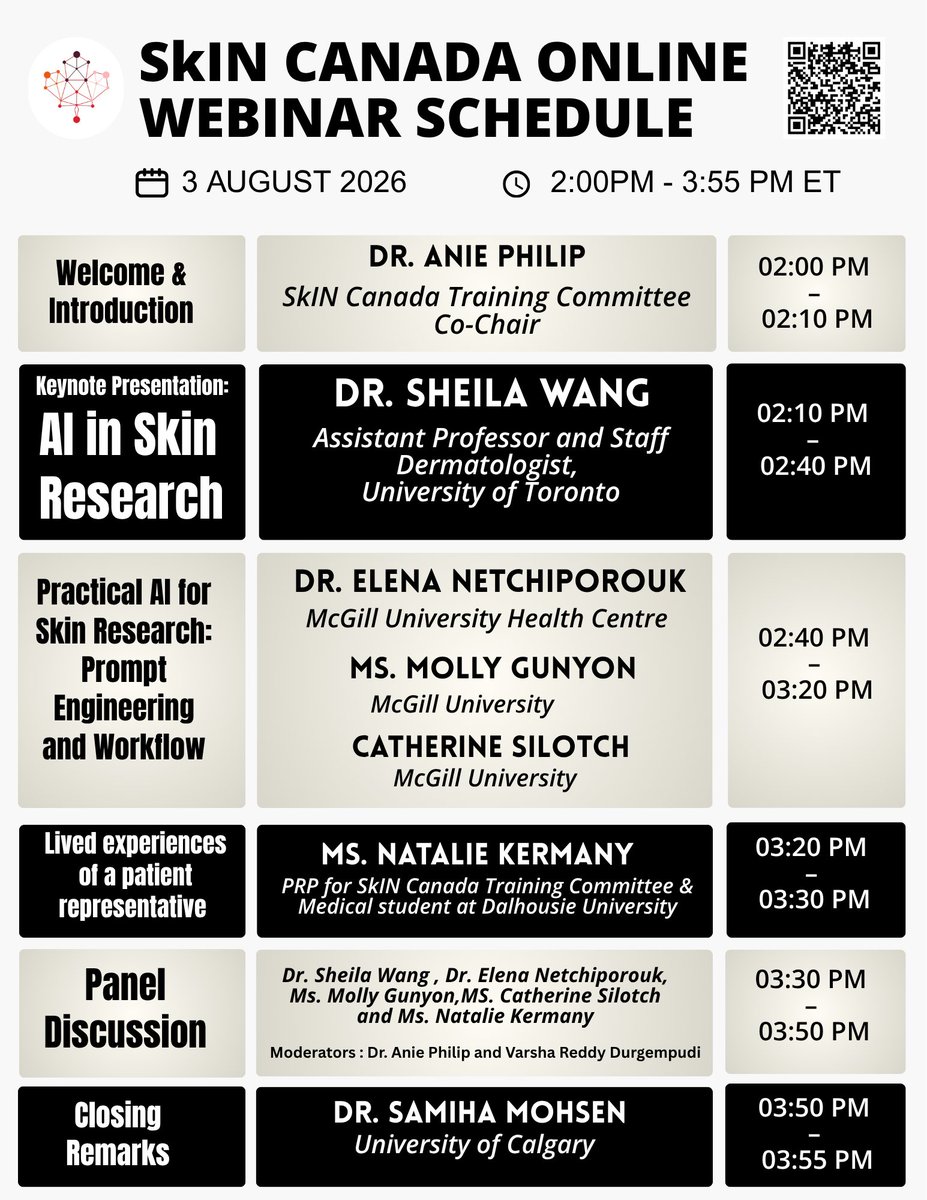 canada_skin's tweet photo. Join us today at 2:00 PM ET for the SKIN Canada Online Webinar: AI in Skin Research.
Scan the QR code to join the meeting directly, or register here: https://t.co/0PbncPOFJW
#SKINCanada #AIinSkinResearch #Dermatology #SkinResearch #Webinar #Research #MedicalEducation https://t.co/0FjD2wplUk