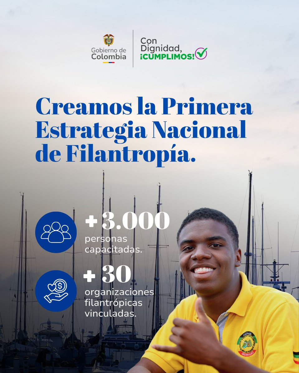 APCColombia's tweet photo. #ConDignidadCumplimos ✅ | Colombia cuenta con su Primera Estrategia Nacional de Filantropía. Un camino innovador para fortalecer la cooperación y movilizar alianzas por el desarrollo.

Ya son USD 500 millones movilizados, más de 3.000 personas capacitadas, y más de 30 organizaciones filantrópicas vinculadas.