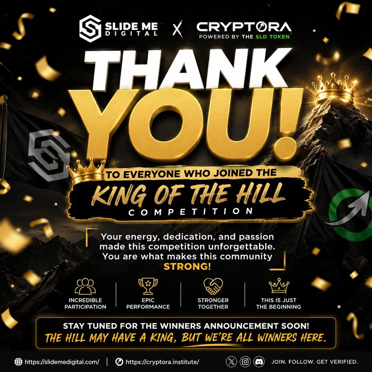 Slidemedigital's tweet photo. 🏆 THANK YOU to everyone who joined the King of the Hill Competition! 👑

Your energy, dedication, and competitive spirit made this event unforgettable. 🔥

We appreciate every participant who showed up, took on the challenge, and helped make the competition a success. 💛

📢 Stay tuned—the winners will be announced soon!

The hill may have a king, but this community is full of winners. 👑🚀

#KingOfTheHill #SlideMeDigital #Cryptora #SLDToken #XRPCommunity