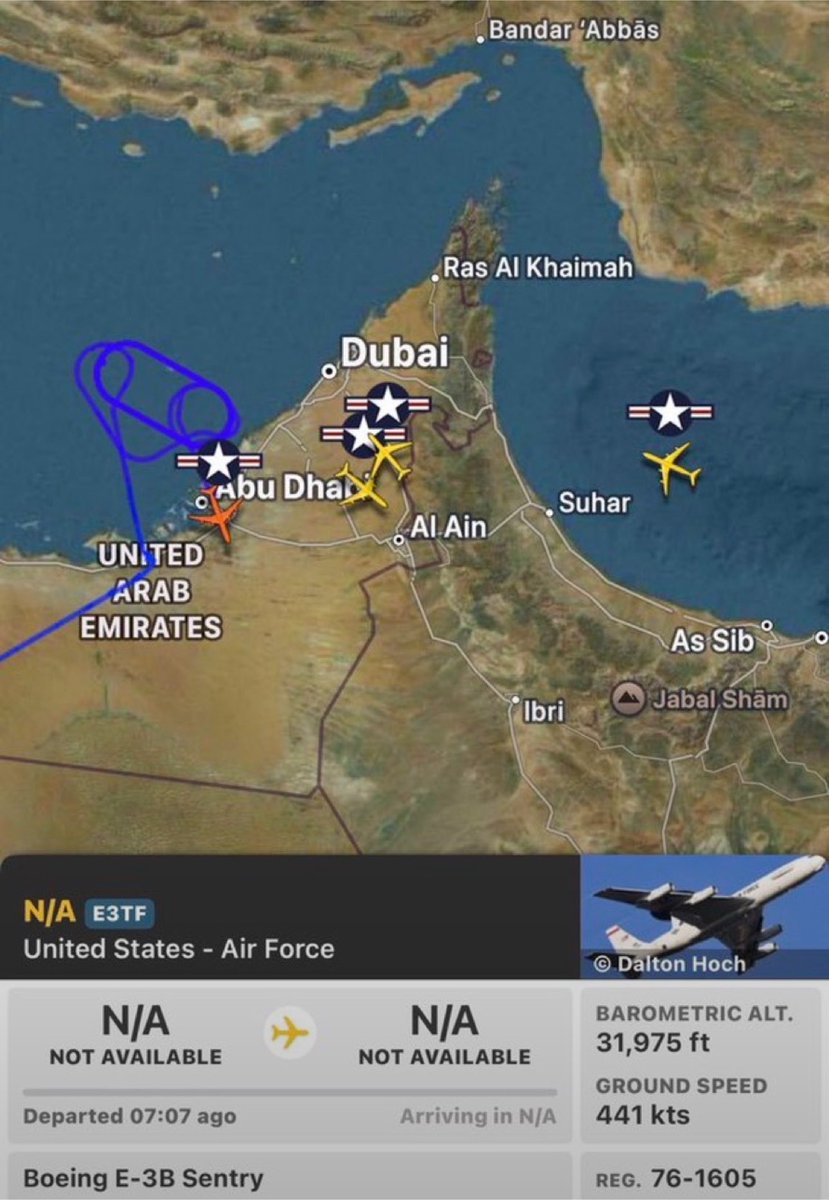 Updatesofwworld's tweet photo. BREAKING: USAF E3 IS FLYING OVER THE UAE NOW

Bookmark this US-IRAN war isn't over, its escalating more https://t.co/g5PLRhW5PJ