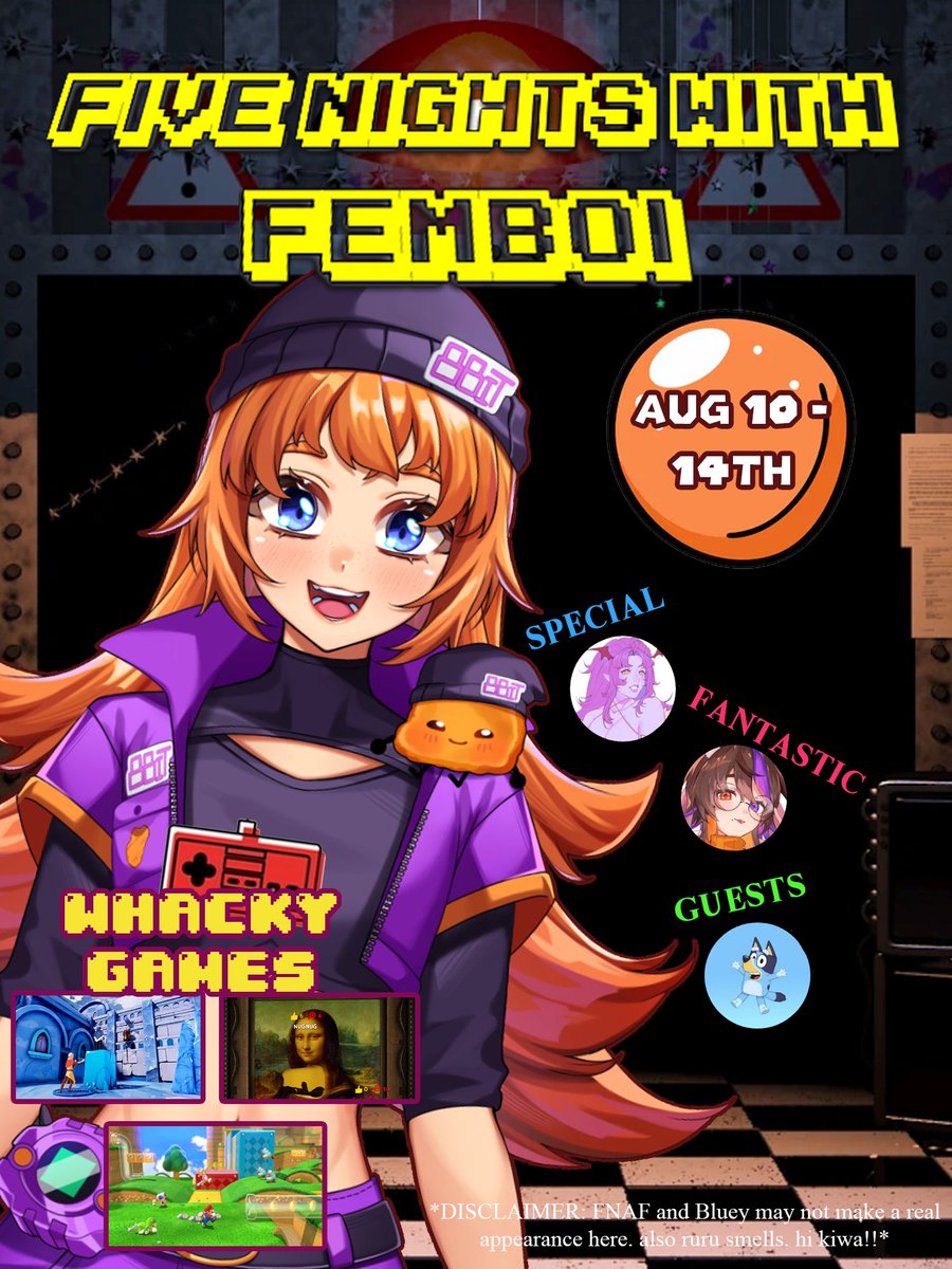 8BitNuggetz's tweet photo. YOU!! YES YOU!! YOU'RE INVITED TO FIVE NIGHTS WITH FEMBOI!! :D

Starting August 10th - 14th we will be having 5 super duper long streams filled with fun games and wonderful beans stopping by for my birthday this year, you won't wanna miss it!! 💜 https://t.co/mYlq1aHHh2