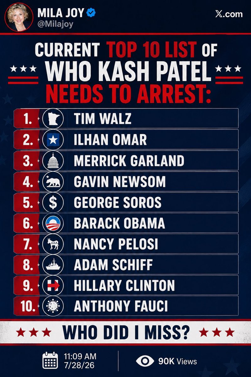 Realdcdraino0's tweet photo. Current top 10 list of who needs a visit from the FBI. https://t.co/ZtN1xtVO2X