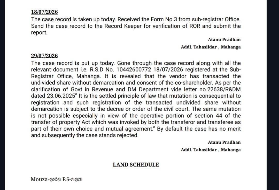 UditNarayan9776's tweet photo. @CMO_Odisha Grievance Against Unjust Rejection of Mutation Case No. 6489/2026

It is rejected Just for SUB-REGISTRAR'S(MAHANGA) incompetence.
I have attached the details below in photo format.
@rdmodisha
@sureshkpujari 
@MohanMOdisha 
@CMO_Odisha 
@arvindpadhee 
@SamalManmohan7 
@BJP4Odisha https://t.co/GXjXXMoXDw