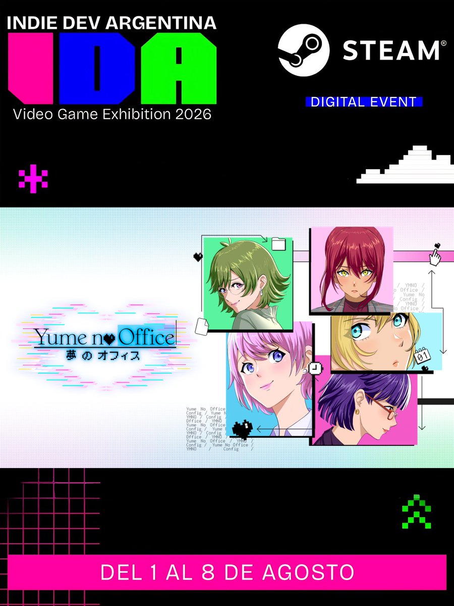 SBladev's tweet photo. Desde el 1 hasta el 8 de agosto, Yume no Office forma parte del evento digital en Steam y, además, está en oferta por tiempo limitado. ✨
Gracias a @IndieDevAr y @PressOverNews por la oportunidad!
#IndieDevArgentina #IDA2026 #YumeNoOffice #VisualNovel #Stea https://t.co/9llPa7qQ69