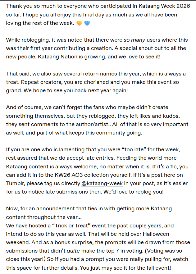 CabbagesLost's tweet photo. You all have been rocking this #kataangweek2026 ! For my Free Day entry, I'll just make an announcement: for those not ready for KW to end, fear not! A smaller event will be held in the fall with the prompts drawn from those you submitted. 💛🩵 (screenshot of the Tumblr post) https://t.co/djN7zqKGE0