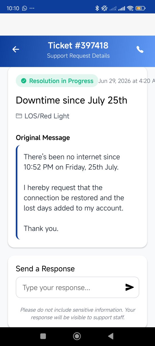 deleayobankole's tweet photo. Hello. 

I had sent DMs, called your helpline, and reached out on WhatsApp, your guys said they can't find my ticket log. 

Yet the image attached shows you replied to my ticket on the 29th June. 

I hereby request my lost 20 days.
@FiberOne_help 
@NgComCommission https://t.co/9SQ8thmKh7