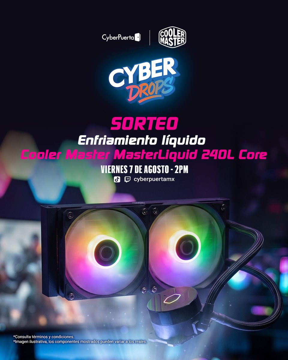 Cyberpuerta's tweet photo. 🔥 ¡GÁNATE UN ENFRIAMIENTO LÍQUIDO COOLER MASTER! 🔥
¡Llegó un nuevo Cyber Drops!
❄️Participar es muy fácil:
1️⃣ Comenta aquí abajo: ¿Qué procesador le pondrías a este enfriamiento si te lo ganas?
2️⃣ Etiqueta a dos amigos
3️⃣ Sigue a Cooler Master y a  nosotros en todas nuestras redes
📅 Fecha: Viernes 7 de agosto
⏰ Hora: 2:00 PM
Twitch (@cyberpuertamx)
Para revisar los términos y condiciones de nuestros sorteos de redes sociales, consulta el siguiente link: https://t.co/xStnwwgizd
Las imágenes usadas en nuestras publicaciones son de carácter ilustrativo. El diseño, color, modelo o apariencia del mismo pueden diferir del producto final entregado. No incluye elementos decorativos ni adicionales no especificados. Dinámica válida únicamente dentro del territorio mexicano.