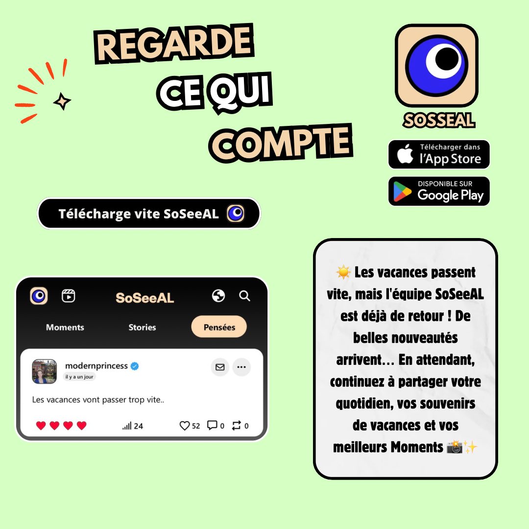 app_soseeal's tweet photo. ☀️ Les vacances passent vite, mais l’équipe SoSeeAL est déjà de retour ! De belles nouveautés se préparent pour la rentrée… En attendant, continuez à partager votre quotidien, vos souvenirs de vacances et vos meilleurs Moments avec toute la communauté 📸✨ #SoSeeAL #Vacances https://t.co/ACdcoloaZJ