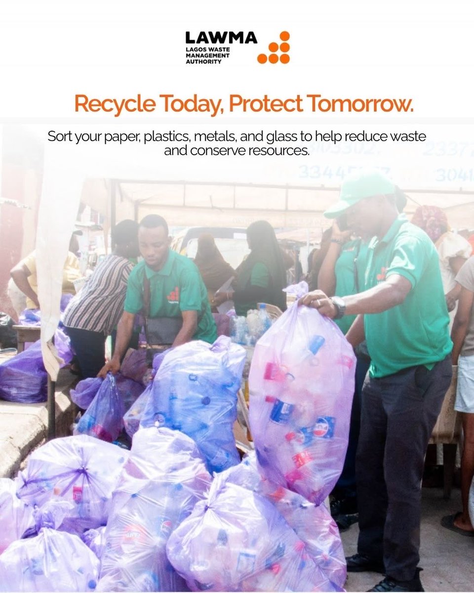 Lawma_gov's tweet photo. Recycling starts with one simple habit—sorting your waste.

By separating paper, plastics, metals, and glass from general waste, you’re helping reduce landfill waste, conserve valuable resources, and protect the environment for future generations. Every item recycled is a step towards a cleaner, greener, and more sustainable Lagos.

Let’s all do our part. Sort it. Recycle it. Make a difference. #LAWMACares